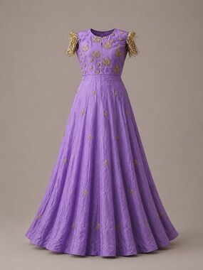 CHANDNI Lilac Gold Fringe Embroidered Gown by Subhai Apparel